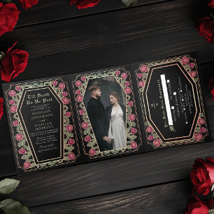Till Death Do Us Part Rose Black Gothic Wedding Tri-Fold Invitation