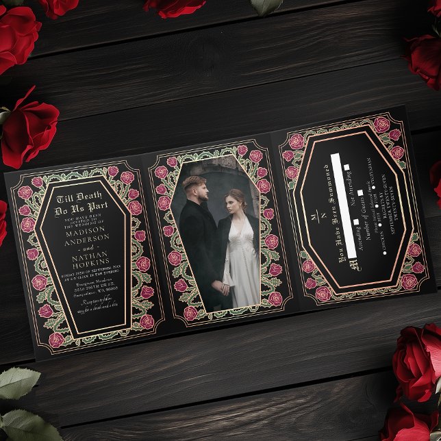 Till Death Do Us Part Rose Black Gothic Wedding Tri-Fold Invitation (Creator Uploaded)