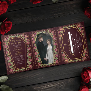 Till Death Do Us Part Rose Red Gothic Wedding Tri-Fold Invitation