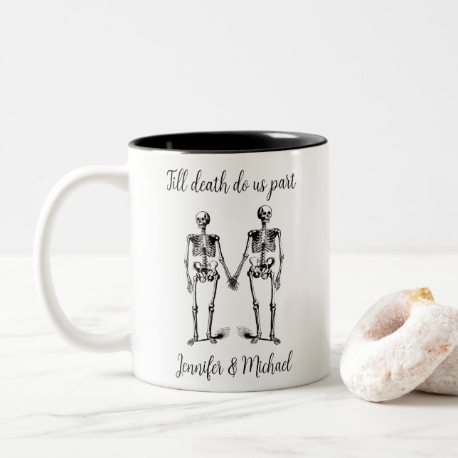 Till death do us part Skeleton Couple Name Black  Two-Tone Coffee Mug (With Donut)