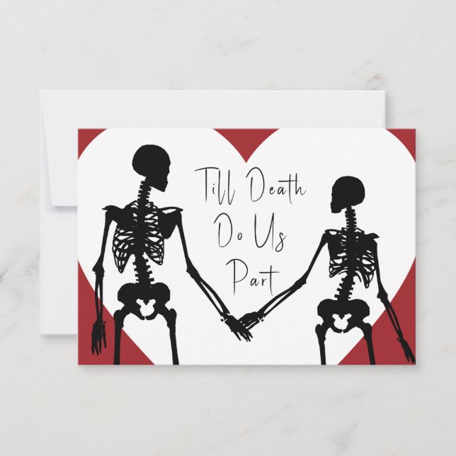 Till Death Do Us Part Skeleton Wedding Red RSVP Card (Front)