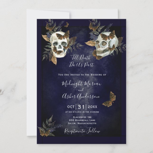 Till Death Do Us Part Skulls Butterflies Navy Blue Invitation (Front)