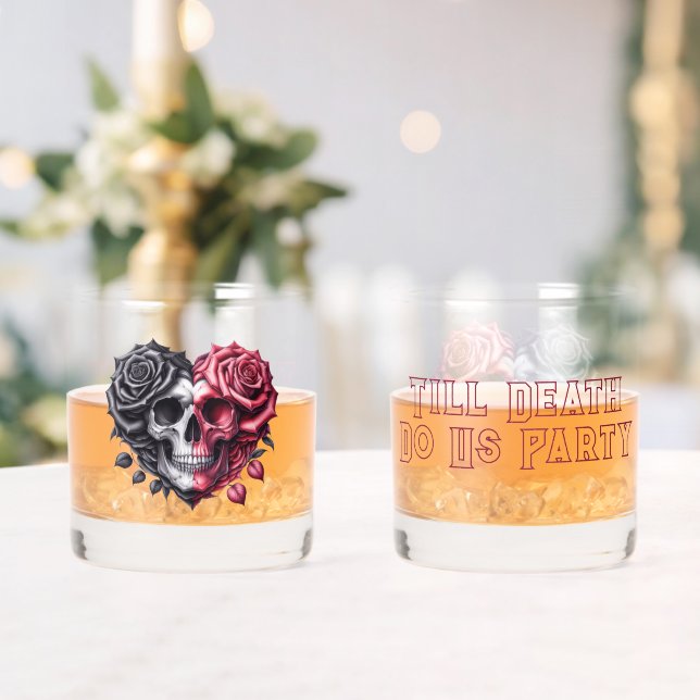 Till Death Do Us Party Skull Red and Black Roses Whiskey Glass (Insitu (Wedding))