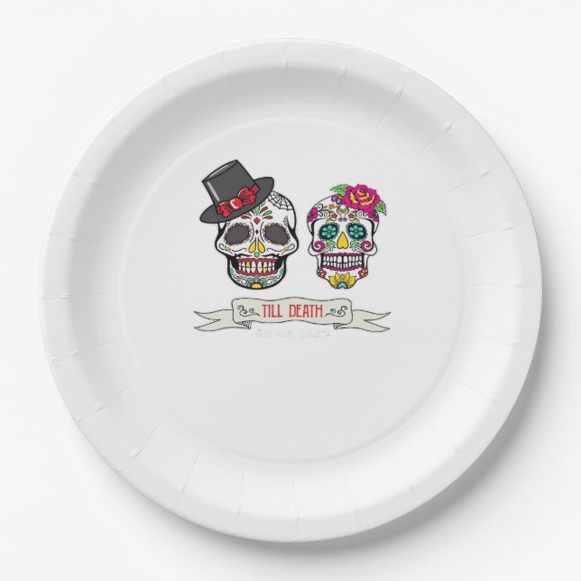 Till Death Do Us Skull Wedding Bride And Groom Pri Paper Plate (Front)