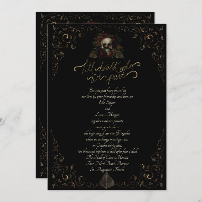 Till Death Golden Ornamental Elegant Goth Wedding Invitation (Front/Back)