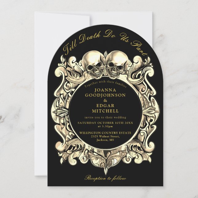 Till Death Gothic Black And Gold Arched Wedding Invitation (Front)