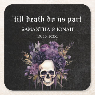 Till death Gothic Floral Skulls Wedding Favour  Square Paper Coaster