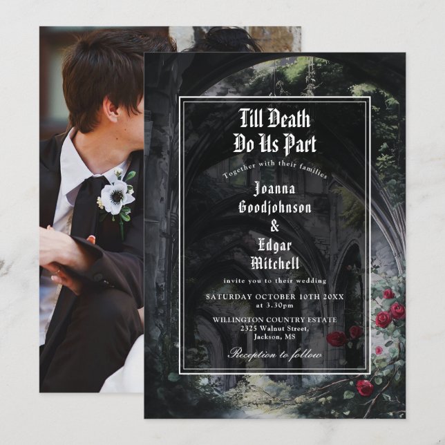 Till Death Gothic Ruins Roses Floral Photo Wedding Invitation (Front/Back)