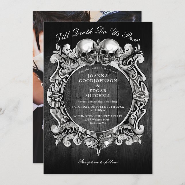 Till Death Gothic Skulls Black Wood Photo Wedding Invitation (Front/Back)