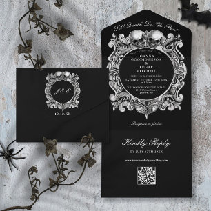 Till Death Gothic Skulls QR Code Wedding All In One Invitation