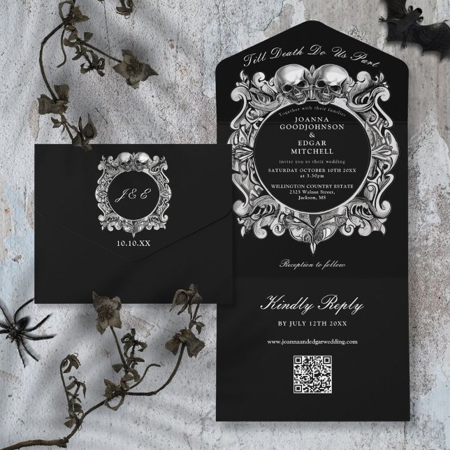 Till Death Gothic Skulls QR Code Wedding All In One Invitation (Till Death Gothic Skulls QR Code Wedding All In One Invitation)