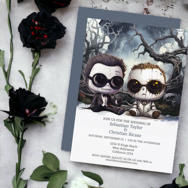 Till death us do part Two Grooms Invitation (Till death us do part Two Grooms Invitations from Ricaso
Two groom spooky dolls in haunted forest)