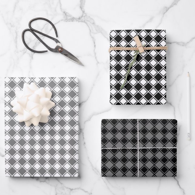 Tilted Chequered Grayscale Wrapping Paper Sheets (Front)