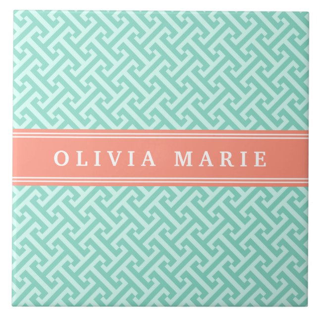 Tilted Dark Mint Greek Key Pattern Coral Name Tile (Front)