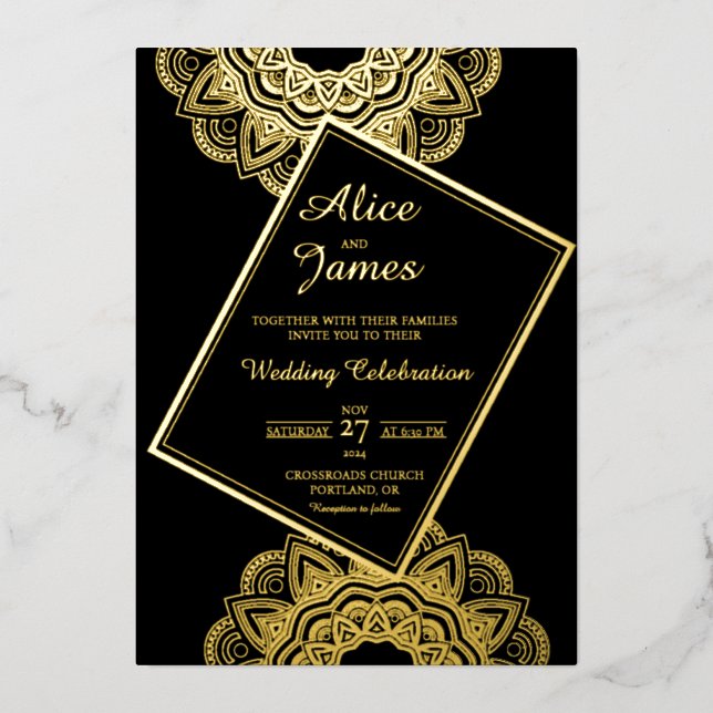 Tilted Frame Mandala Black Gold Foil Wedding (Front)