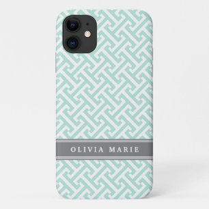 Tilted Mint Green Greek Key Pattern with Name iPhone 11 Case