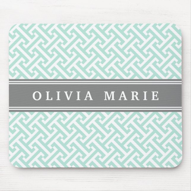 Tilted Mint Green Greek Key Pattern with Name Mouse Pad (Front)
