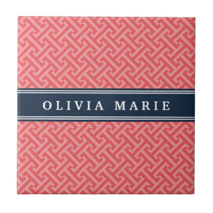 Tilted Watermelon Pink Greek Key Pattern with Name Ceramic Tile