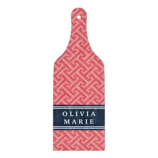 Tilted Watermelon Pink Greek Key Pattern with Name Cutting Board (Front)