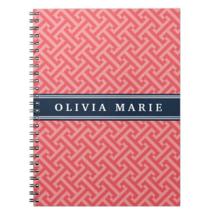 Tilted Watermelon Pink Greek Key Pattern with Name Notebook