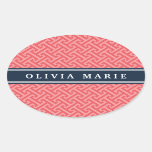 Tilted Watermelon Pink Greek Key Pattern with Name Oval Sticker