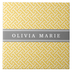 Tilted Yellow Greek Key Pattern with Name Ceramic Tile