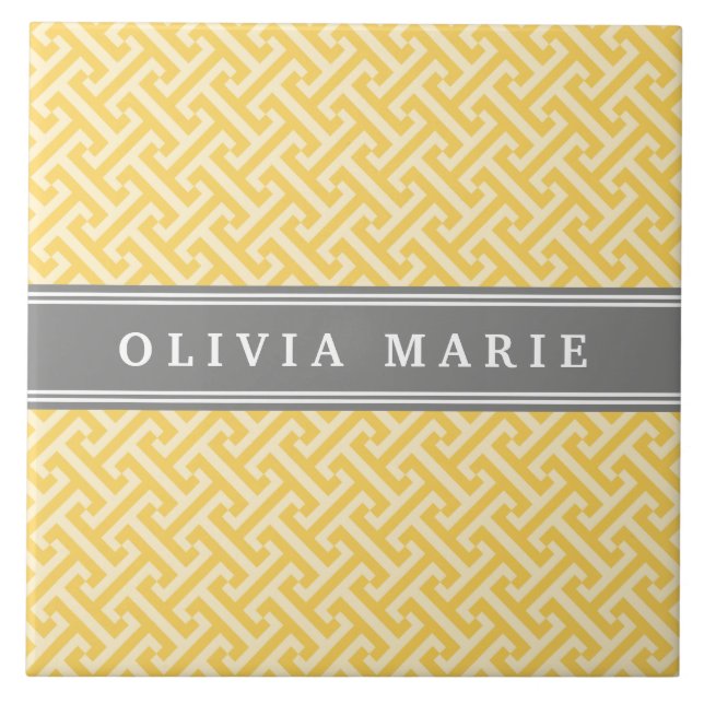 Tilted Yellow Greek Key Pattern with Name Ceramic Tile (Front)
