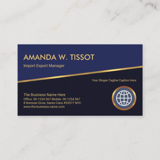 Tilting Gold Line Blue Shades Global Import Export Business Card (Front)