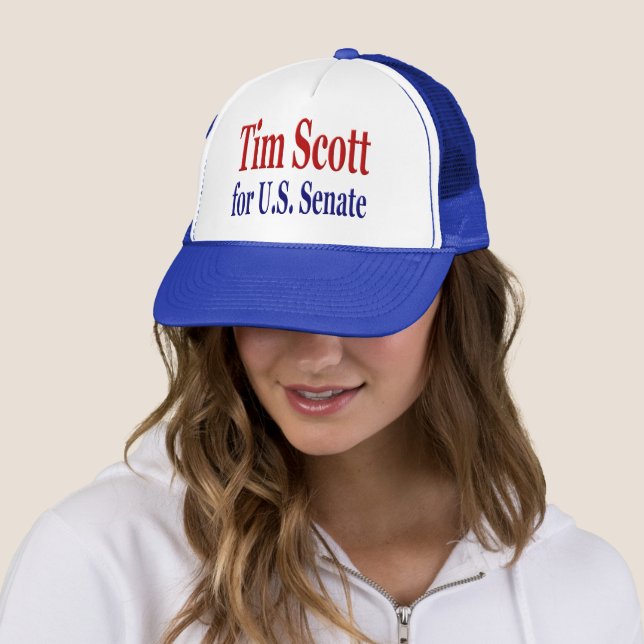 Tim Scott for Senate with red blue text Trucker Ha Trucker Hat (In Situ)