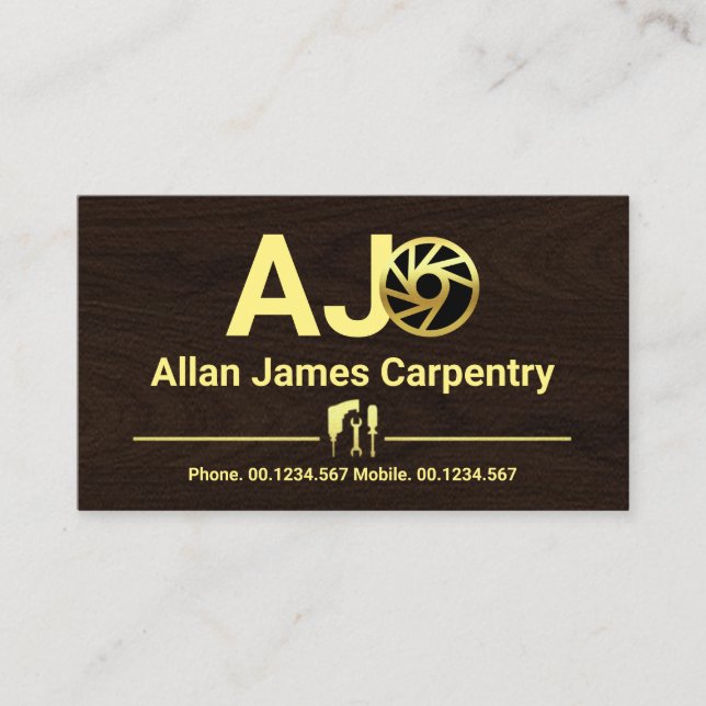 Timber Grain Monogram Woodwork Business Card (Front)