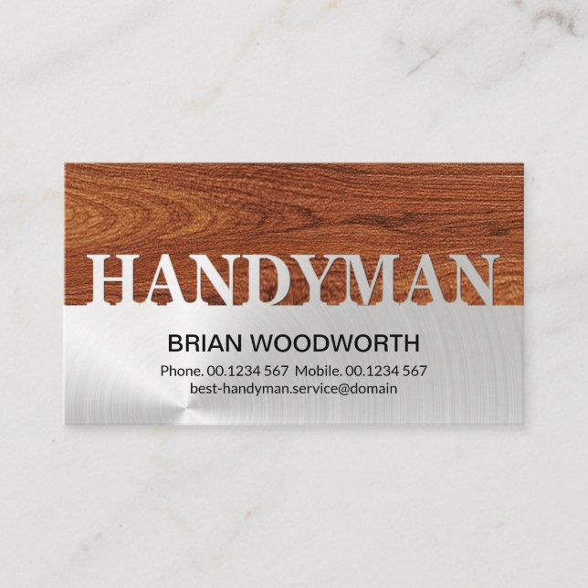 Timber Grain Panel Silver Handyman Signage Business Card (Front)