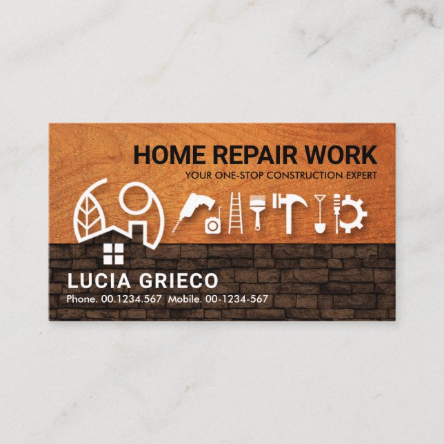 Timber Home Over Brick Wall Handyman Tools  Business Card (Front)