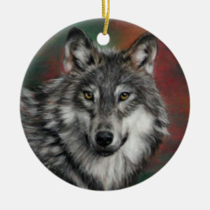 Timber wolf in autumn woods resting ceramic ornament