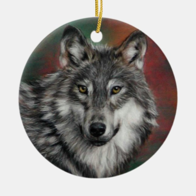 Timber wolf in autumn woods resting ceramic ornament (Front)
