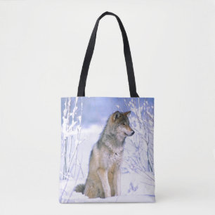 Timber Wolf sitting in the Snow, Canis lupus Tote Bag