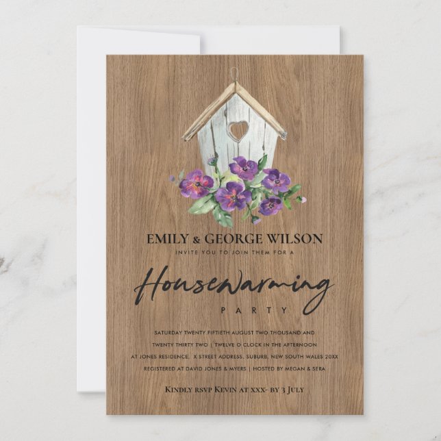 TIMBER WOOD FLORAL BIRD HOUSE HOUSEWARMING PARTY INVITATION (Front)