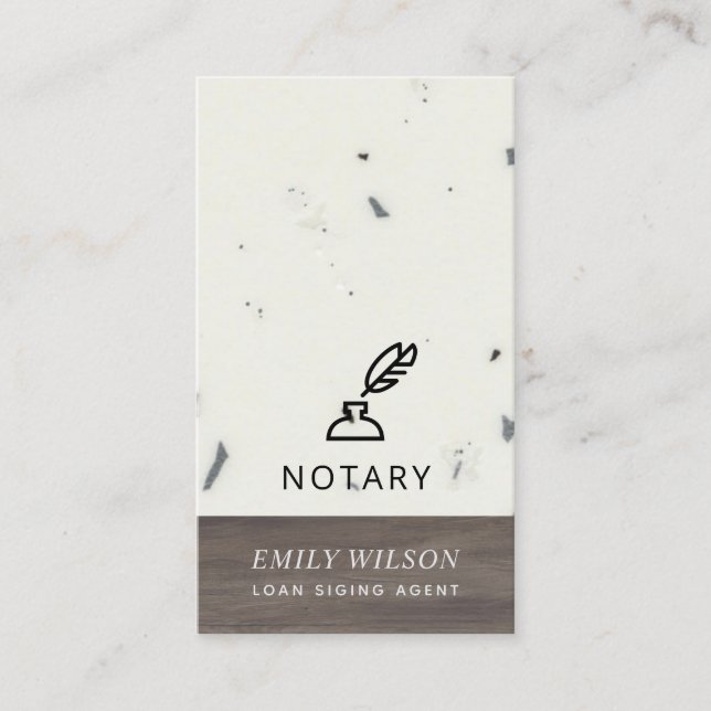 TIMBER WOOD GLAZED SPECKLED FEATHER NIB NOTARY BUSINESS CARD (Front)