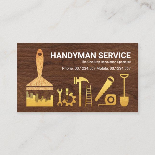 Timber Wood Gold Handyman Tools Remodeling Business Card (Front)