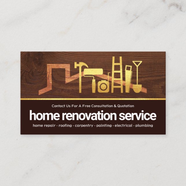 Timber Wood Gold Handyman Tools Rooftop Business Card (Front)