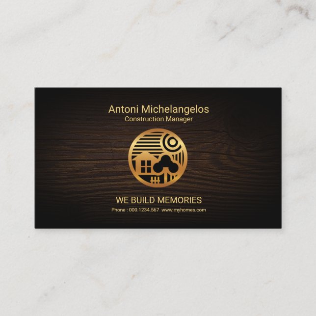 Timber Wood Gold Home Scenery Motif Construction Business Card (Front)