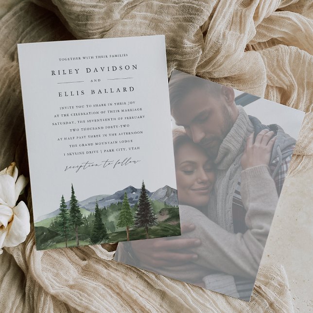 Timberline | Forest & Mountain Faded Photo Wedding Invitation (Creator Uploaded)