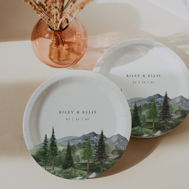 Timberline | Watercolor Mountain Forest Wedding Paper Plate (Creator Uploaded)