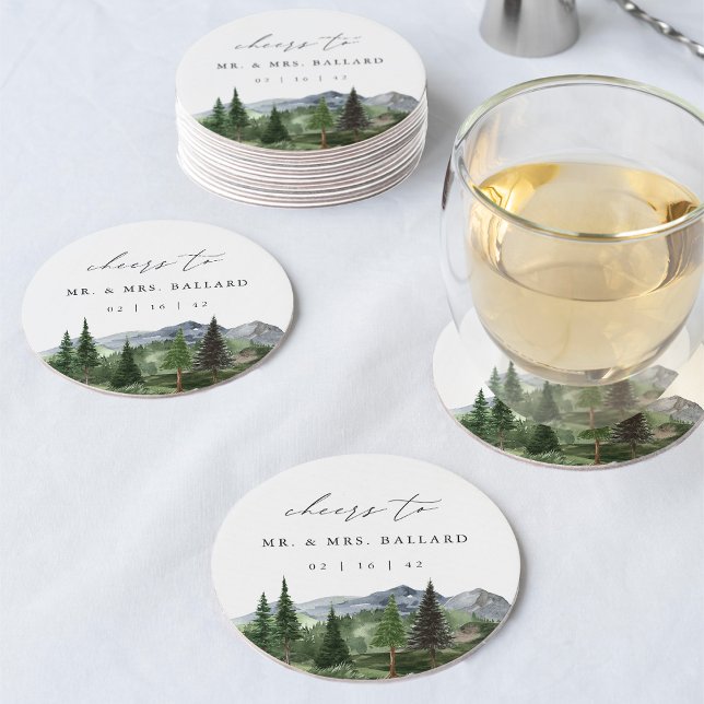 Timberline | Watercolor Mountain Forest Wedding Round Paper Coaster (Creator Uploaded)