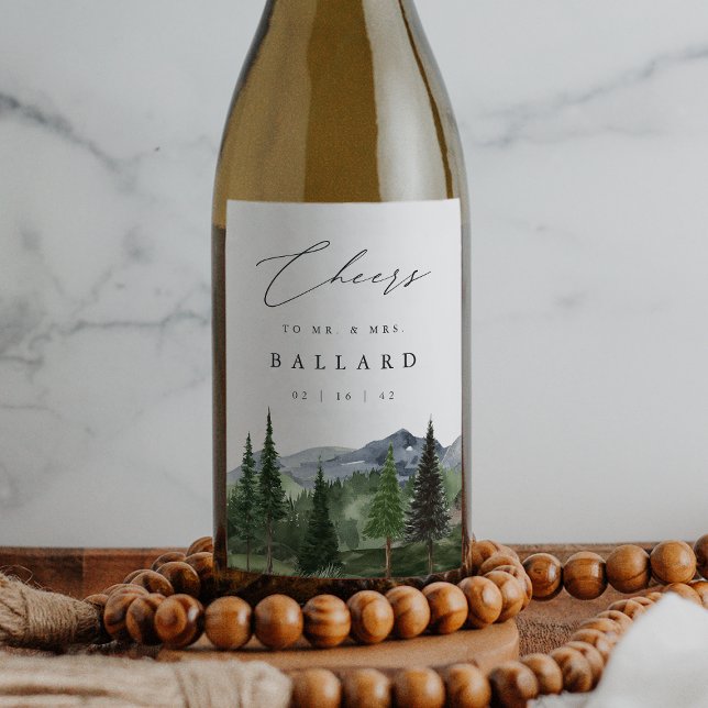 Timberline | Watercolor Mountain Forest Wedding Wine Label (Creator Uploaded)