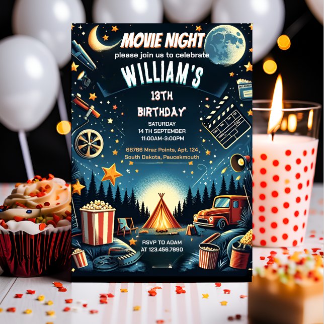 time boy Camping Popcorn Movie Night 13th birthday Invitation (Creator Uploaded)