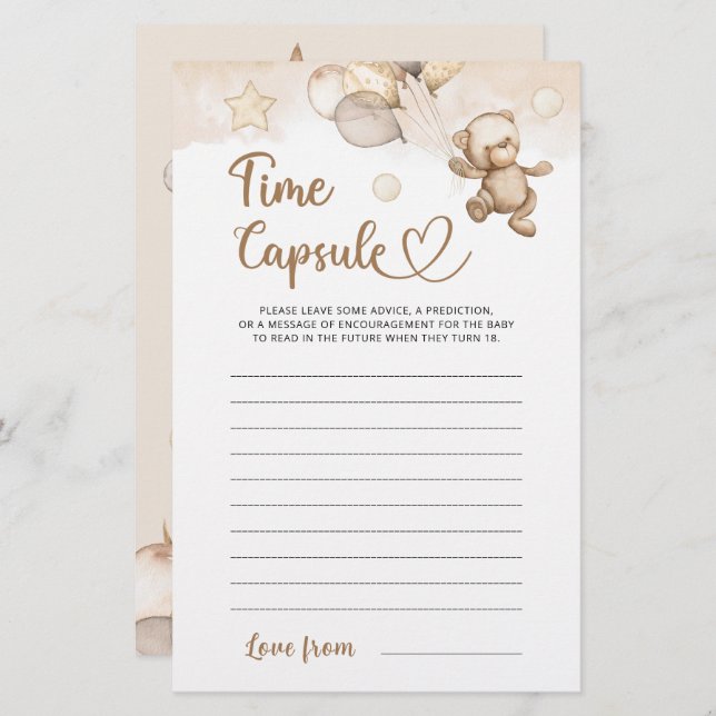 Time Capsule Baby Bear Baby Shower Game (Front/Back)