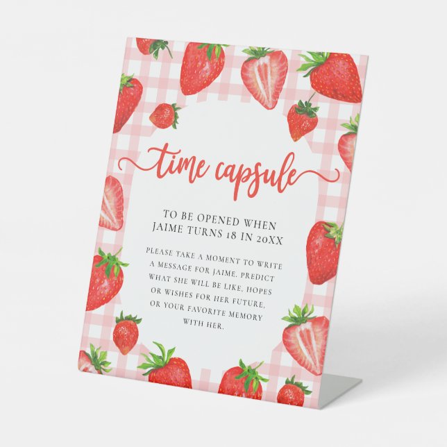 Time Capsule | Pink Strawberry Gingham Birthday Pedestal Sign (Front)