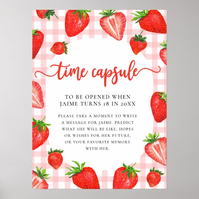 Time Capsule | Pink Strawberry Gingham Birthday Poster (Front)