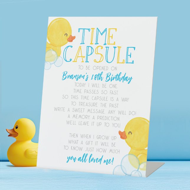 Time Capsule Rubber Duck 1st Birthday Party Pedestal Sign (Watercolor Rubber Duck First Birthday Time Capsule Party Pedestal Sign)