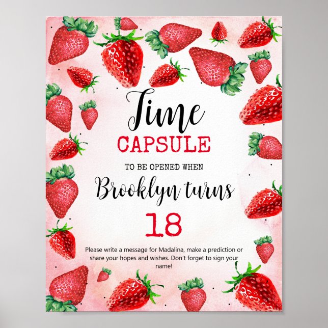 Time Capsule Sign, Strawberry Birthday Party Poster (Front)